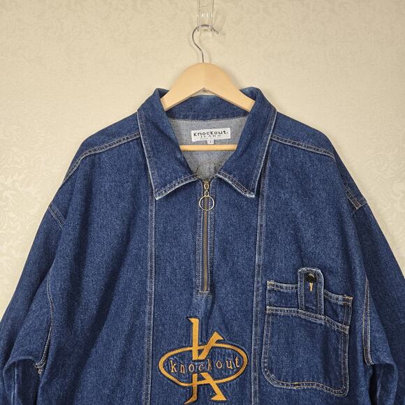 VTG Knockout Denim Jacket Sz 2XL Blue Quarter Zip Pullover Logo USA - Picture 2 of 16